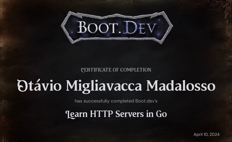 Otávio Migliavacca Madalosso's Boot.dev Learn HTTP Servers in Go certificate