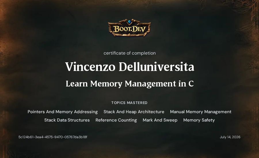 Vincenzo Delluniversita's Boot.dev Learn Memory Management in C certificate