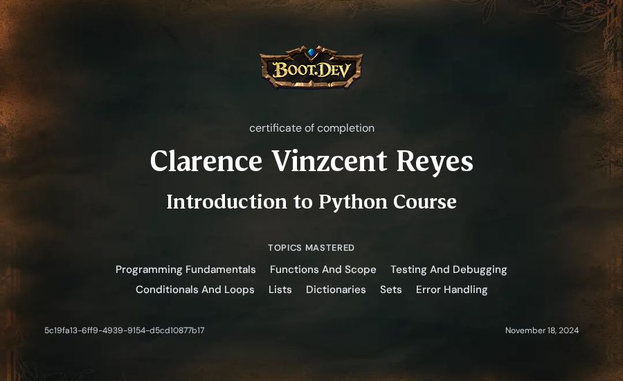 Clarence Vinzcent Reyes's Boot.dev Introduction to Python Course certificate