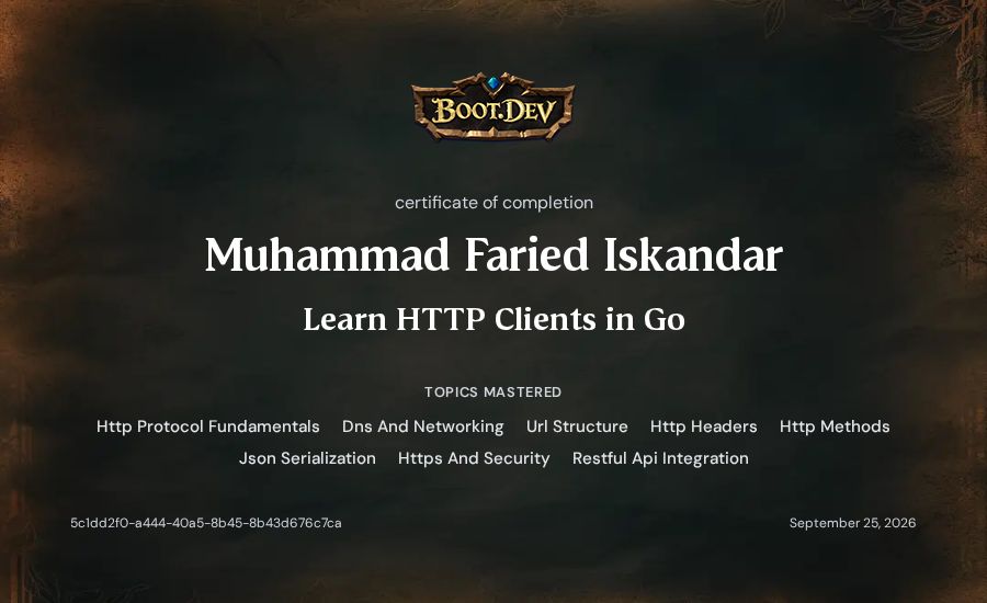 Muhammad Faried Iskandar's Boot.dev Learn HTTP Clients in Go certificate