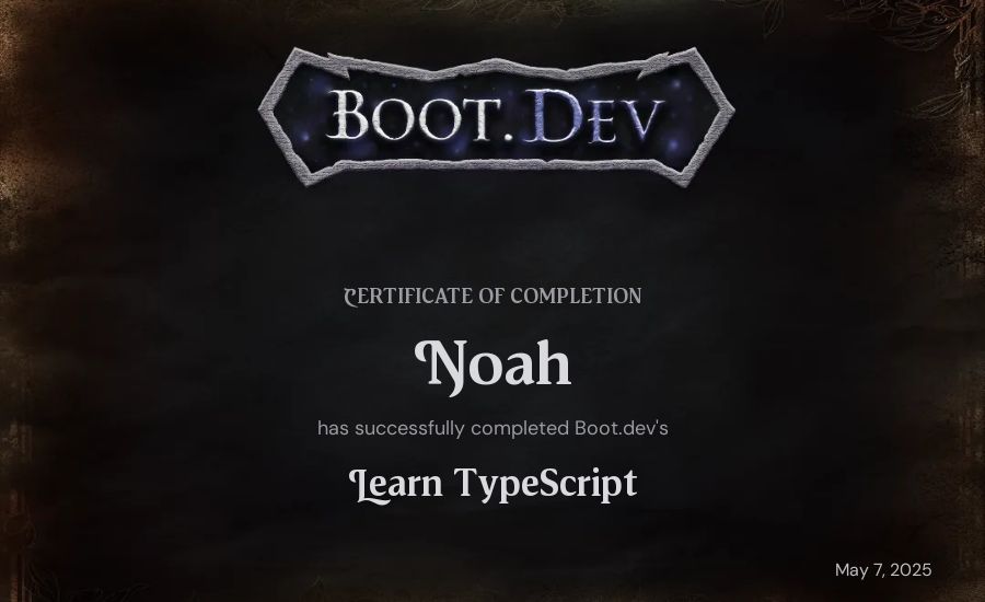 Noah's Boot.dev Learn TypeScript certificate