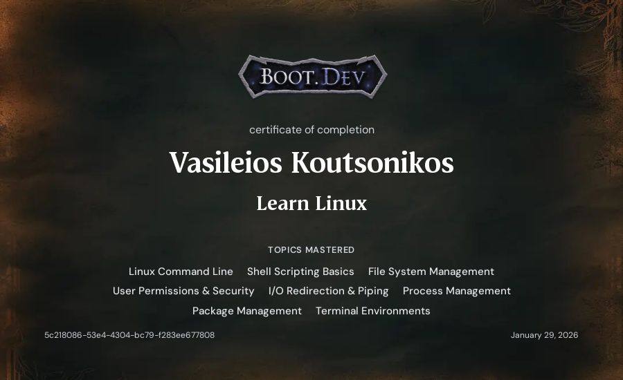 Vasileios Koutsonikos's Boot.dev Learn Linux certificate