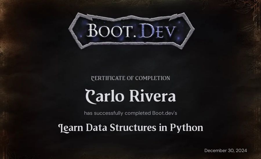 Carlo Rivera's Boot.dev Learn Data Structures and Algorithms in Python certificate
