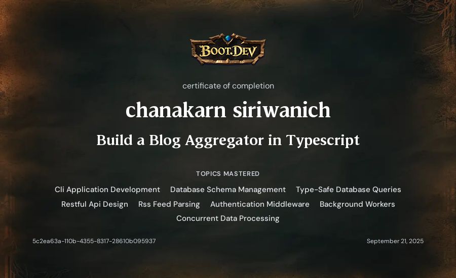 chanakarn siriwanich's Boot.dev Build a Blog Aggregator in TypeScript certificate