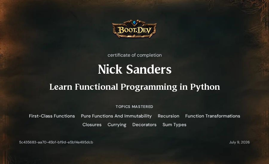 Nick Sanders's Boot.dev Learn Functional Programming in Python certificate