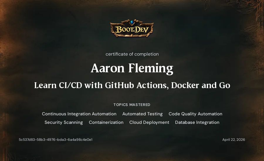 Aaron Fleming's Boot.dev Learn CI/CD with GitHub Actions, Docker and Go certificate