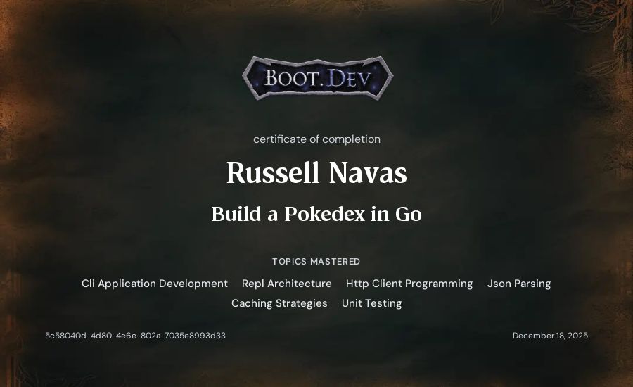 Russell Navas's Boot.dev Build a Pokedex in Go certificate