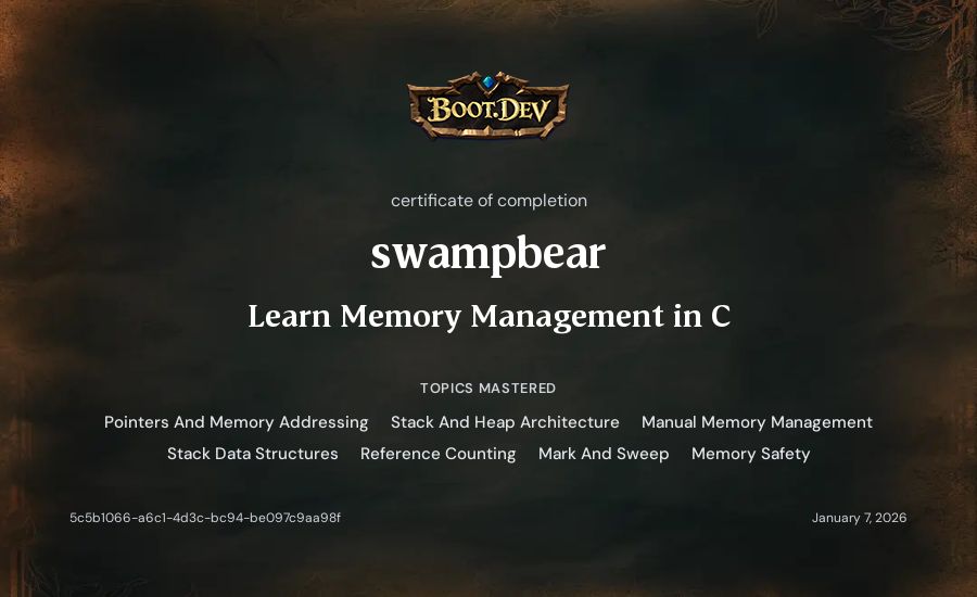 swampbear's Boot.dev Learn Memory Management in C certificate