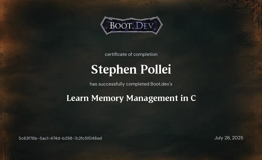 Stephen Pollei's Boot.dev Learn Memory Management in C certificate