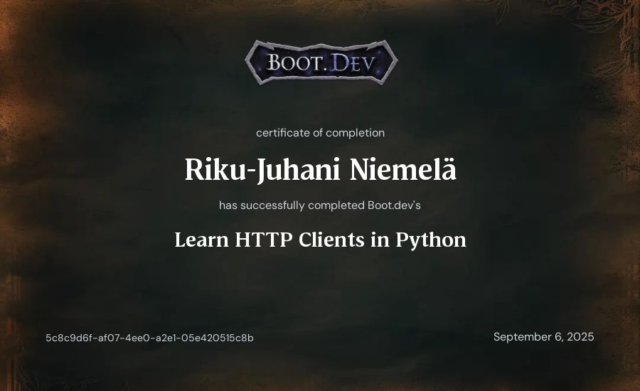 Riku-Juhani Niemelä's Boot.dev Learn HTTP Clients in Python certificate