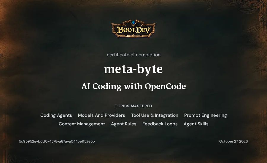 meta-byte's Boot.dev AI Coding with OpenCode certificate