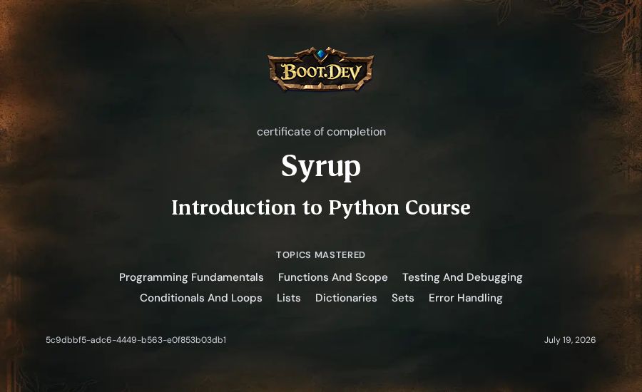 Syrup's Boot.dev Introduction to Python Course certificate