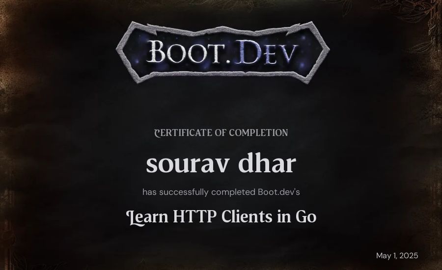 sourav dhar's Boot.dev Learn HTTP Clients in Go certificate