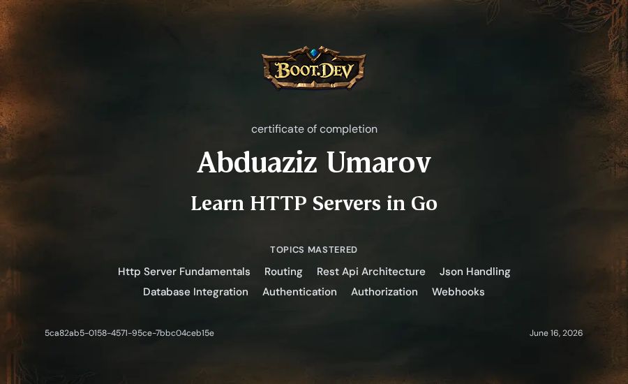 Abduaziz Umarov's Boot.dev Learn HTTP Servers in Go certificate