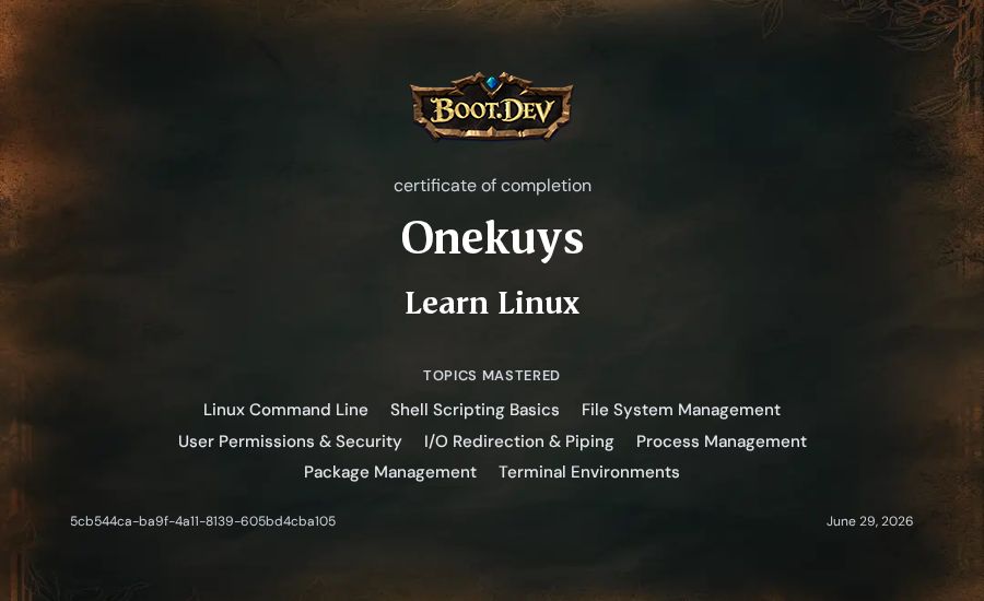 Onekuys's Boot.dev Learn Linux certificate