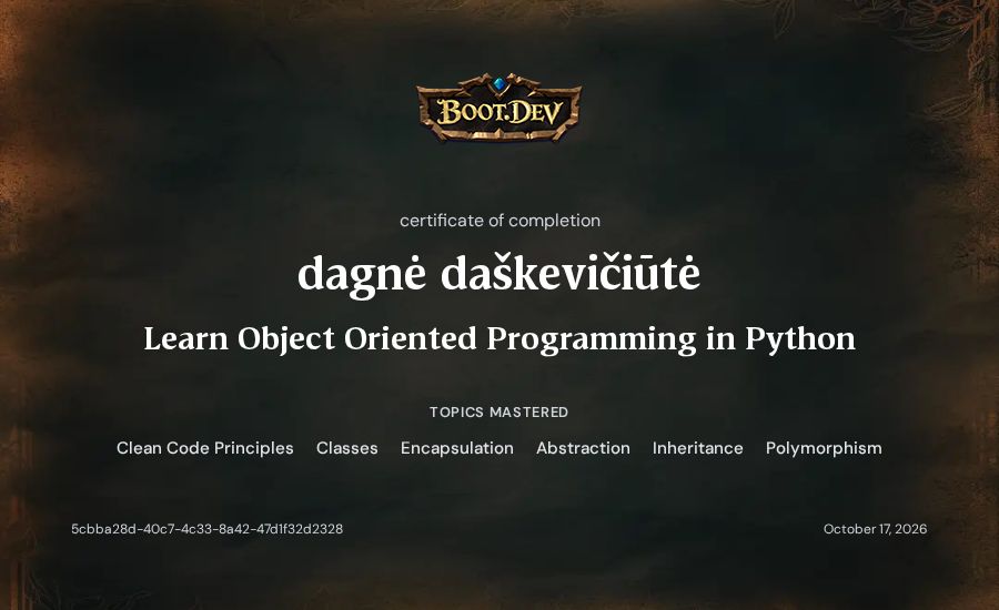dagnė daškevičiūtė's Boot.dev Learn Object Oriented Programming in Python certificate