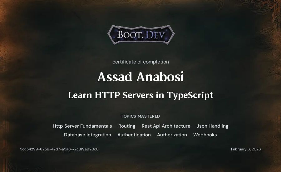 Assad Anabosi's Boot.dev Learn HTTP Servers in TypeScript certificate