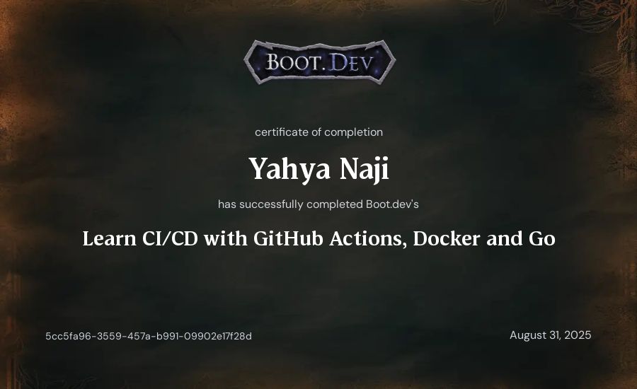 Yahya Naji's Boot.dev Learn CI/CD with GitHub Actions, Docker and Go certificate