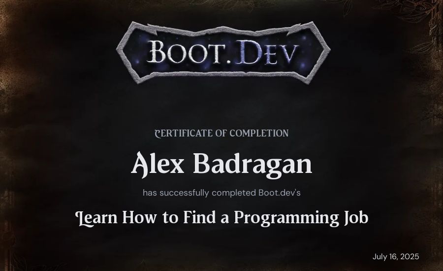 Alex Badragan's Boot.dev Learn How to Find a Programming Job certificate