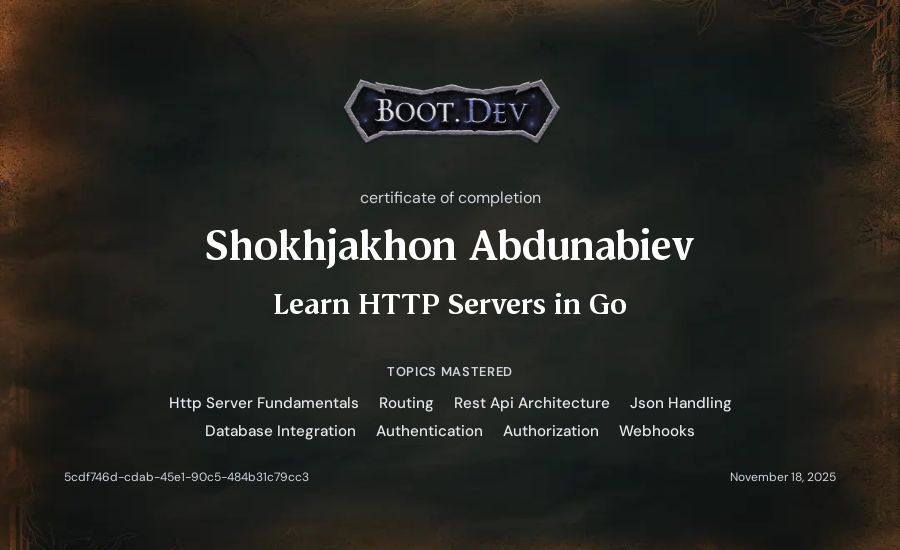 Shokhjakhon Abdunabiev's Boot.dev Learn HTTP Servers in Go certificate