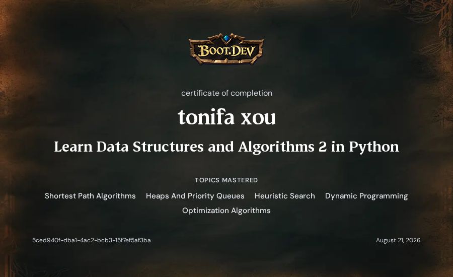 tonifa xou's Boot.dev Learn Data Structures and Algorithms 2 in Python certificate