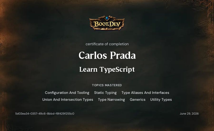 Carlos Prada's Boot.dev Learn TypeScript certificate