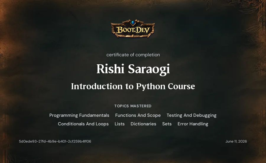 Rishi Saraogi's Boot.dev Introduction to Python Course certificate