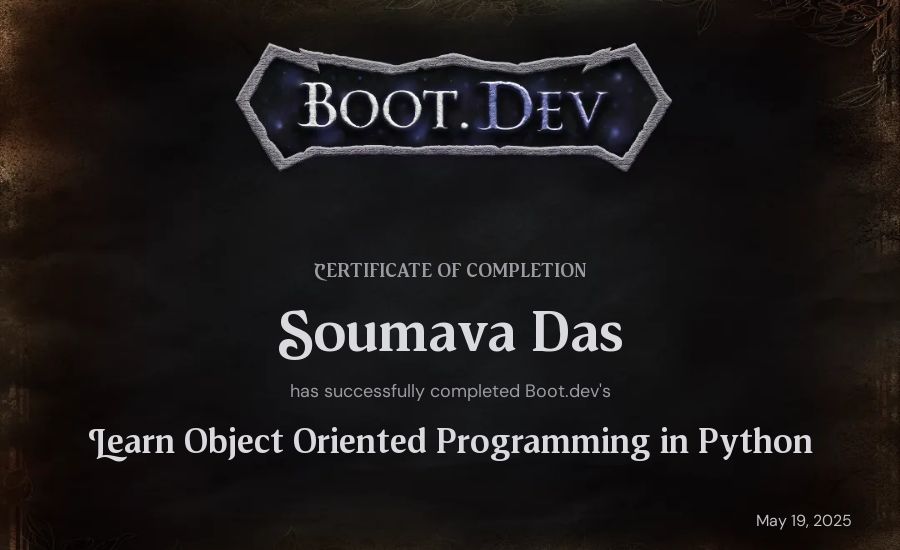 Soumava Das's Boot.dev Learn Object Oriented Programming in Python certificate