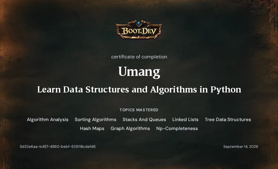Umang's Boot.dev Learn Data Structures and Algorithms in Python certificate