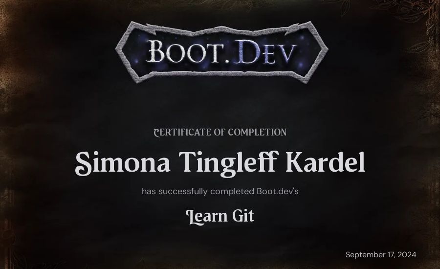 Simona Tingleff Kardel's Boot.dev Learn Git certificate