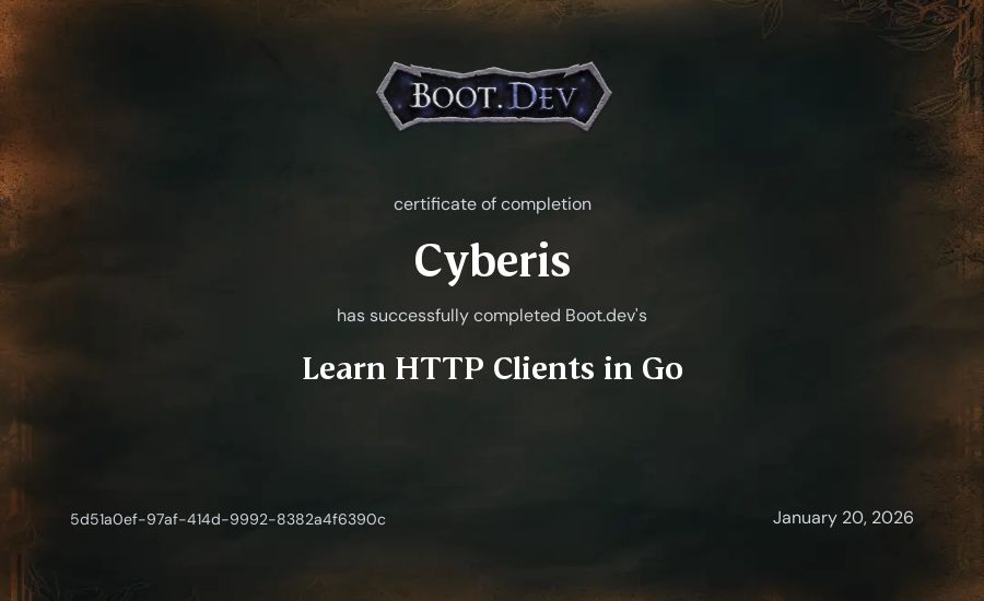 Cyberis's Boot.dev Learn HTTP Clients in Go certificate