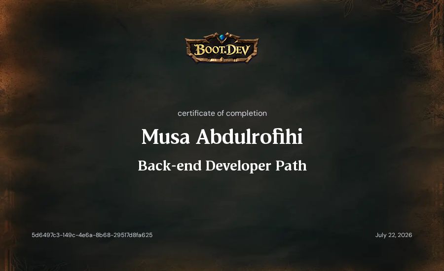 Musa Abdulrofihi's Boot.dev Backend Developer Path (TypeScript) certificate