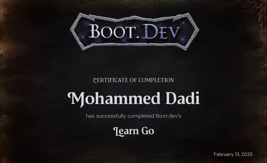 Mohammed Dadi's Boot.dev Learn Go certificate
