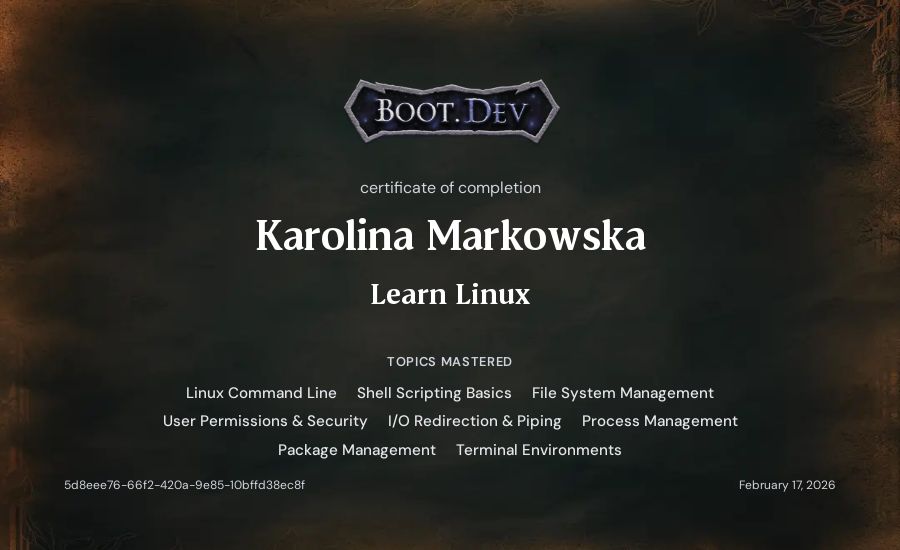 Karolina Markowska's Boot.dev Learn Linux certificate