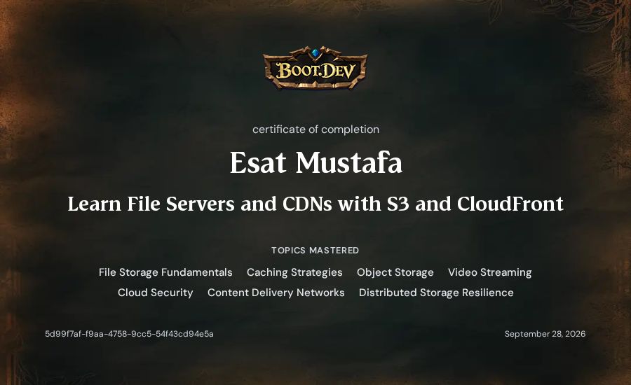 Esat Mustafa's Boot.dev Learn File Servers and CDNs with S3 and CloudFront certificate