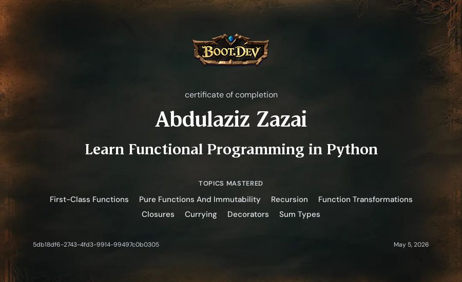 Abdulaziz Zazai's Boot.dev Learn Functional Programming in Python certificate