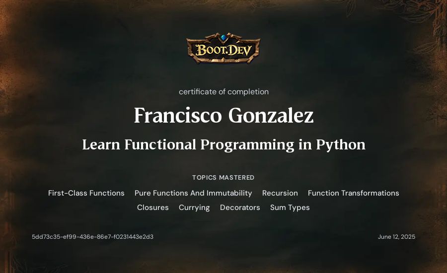 Francisco Gonzalez's Boot.dev Learn Functional Programming in Python certificate