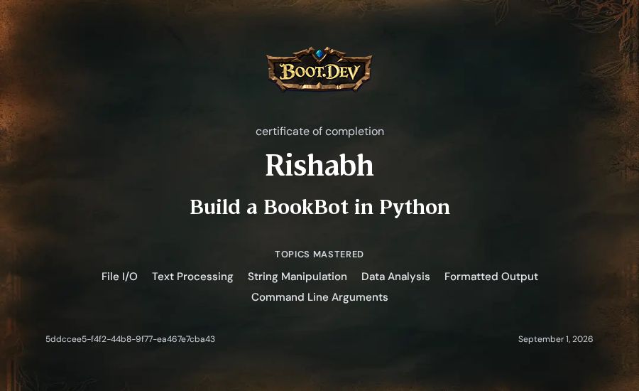 Rishabh's Boot.dev Build a BookBot in Python certificate
