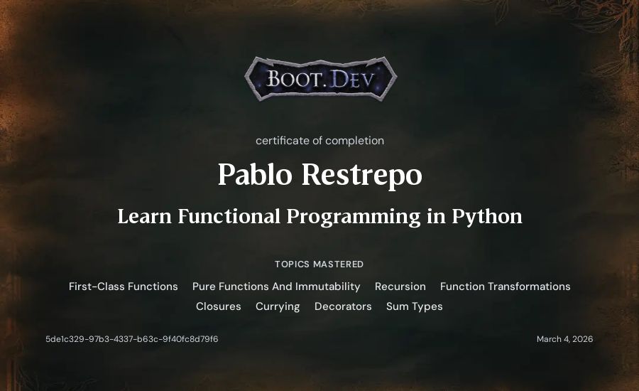 Pablo Restrepo's Boot.dev Learn Functional Programming in Python certificate