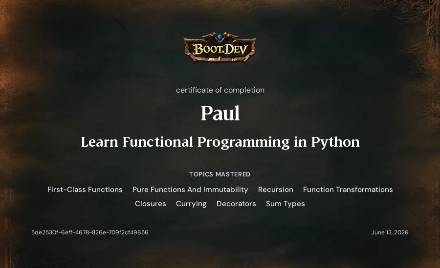 Paul's Boot.dev Learn Functional Programming in Python certificate