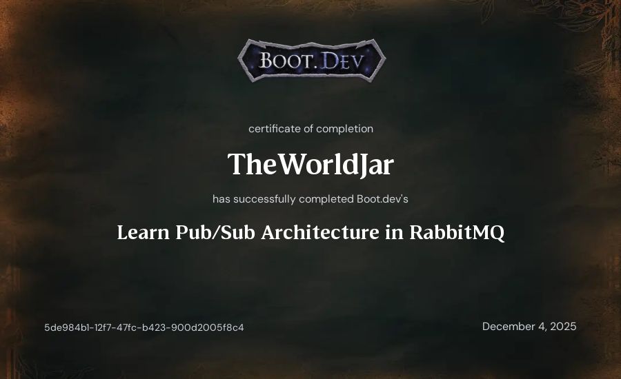 TheWorldJar's Boot.dev Learn Pub/Sub in RabbitMQ and TypeScript certificate