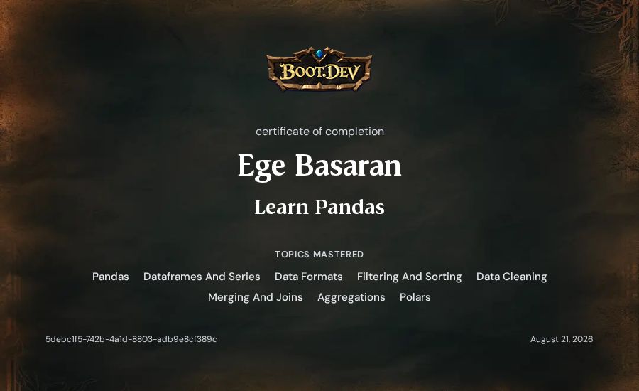 Ege Basaran's Boot.dev Learn Pandas certificate