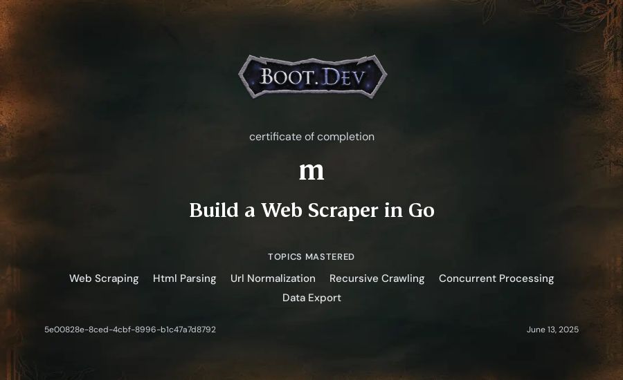 m's Boot.dev Build a Web Scraper in Go certificate