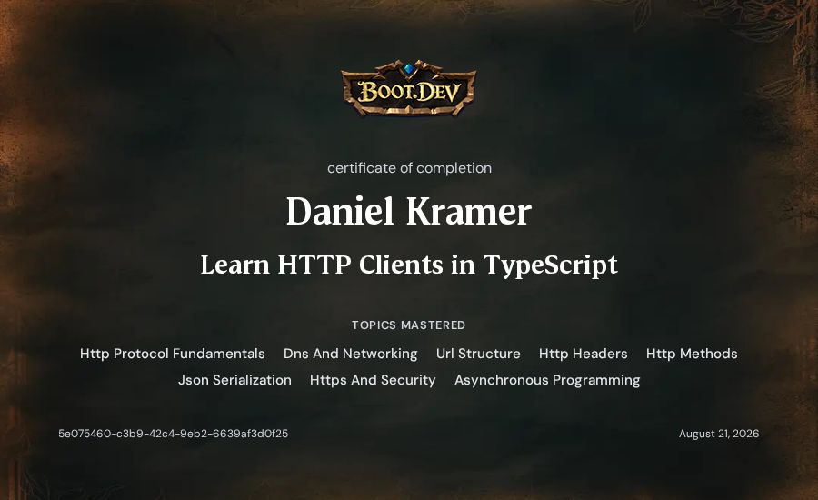 Daniel Kramer's Boot.dev Learn HTTP Clients in TypeScript certificate