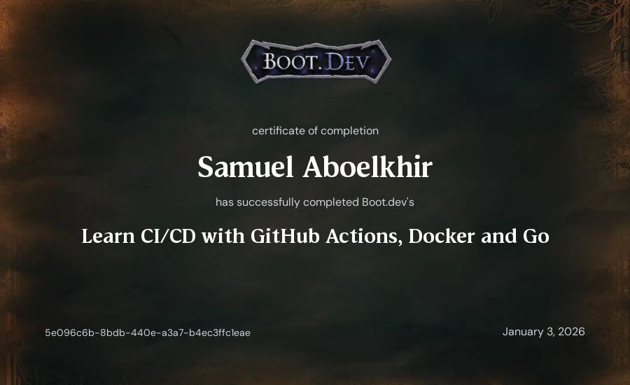Samuel Aboelkhir's Boot.dev Learn CI/CD with GitHub Actions, Docker and Go certificate