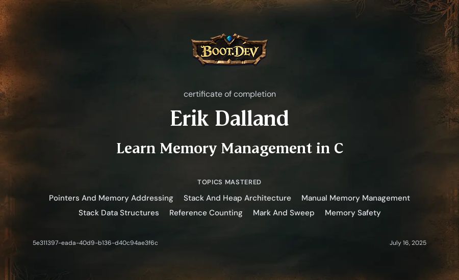 Erik Dalland's Boot.dev Learn Memory Management in C certificate