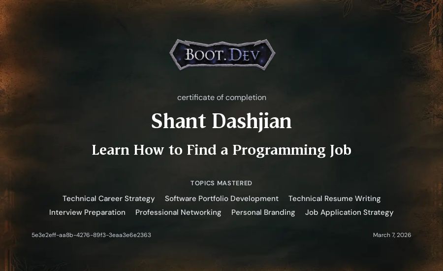 Shant Dashjian's Boot.dev Learn How to Find a Programming Job certificate