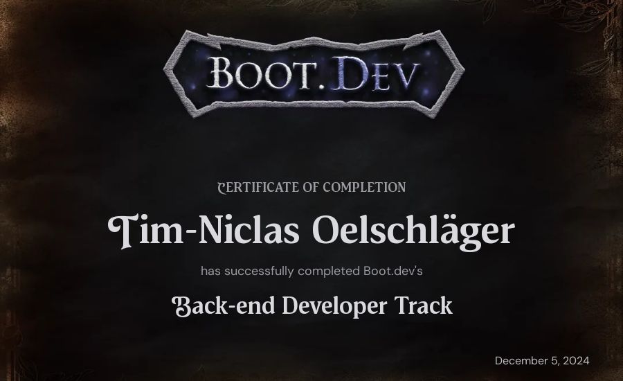 Tim-Niclas Oelschläger's Boot.dev Backend Developer Path certificate