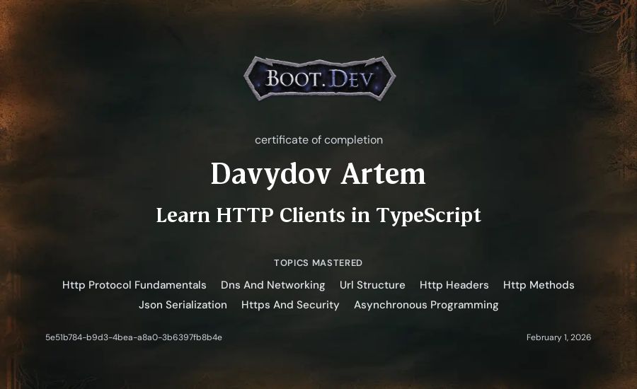 Davydov Artem's Boot.dev Learn HTTP Clients in TypeScript certificate