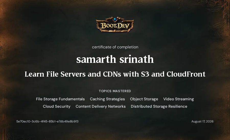 samarth srinath's Boot.dev Learn File Servers and CDNs with S3 and CloudFront certificate